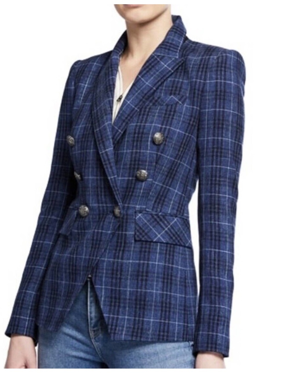 $698 Veronica Beard Miller Blue Plaid Wool Blend Dickey Jacket blazer Size 8